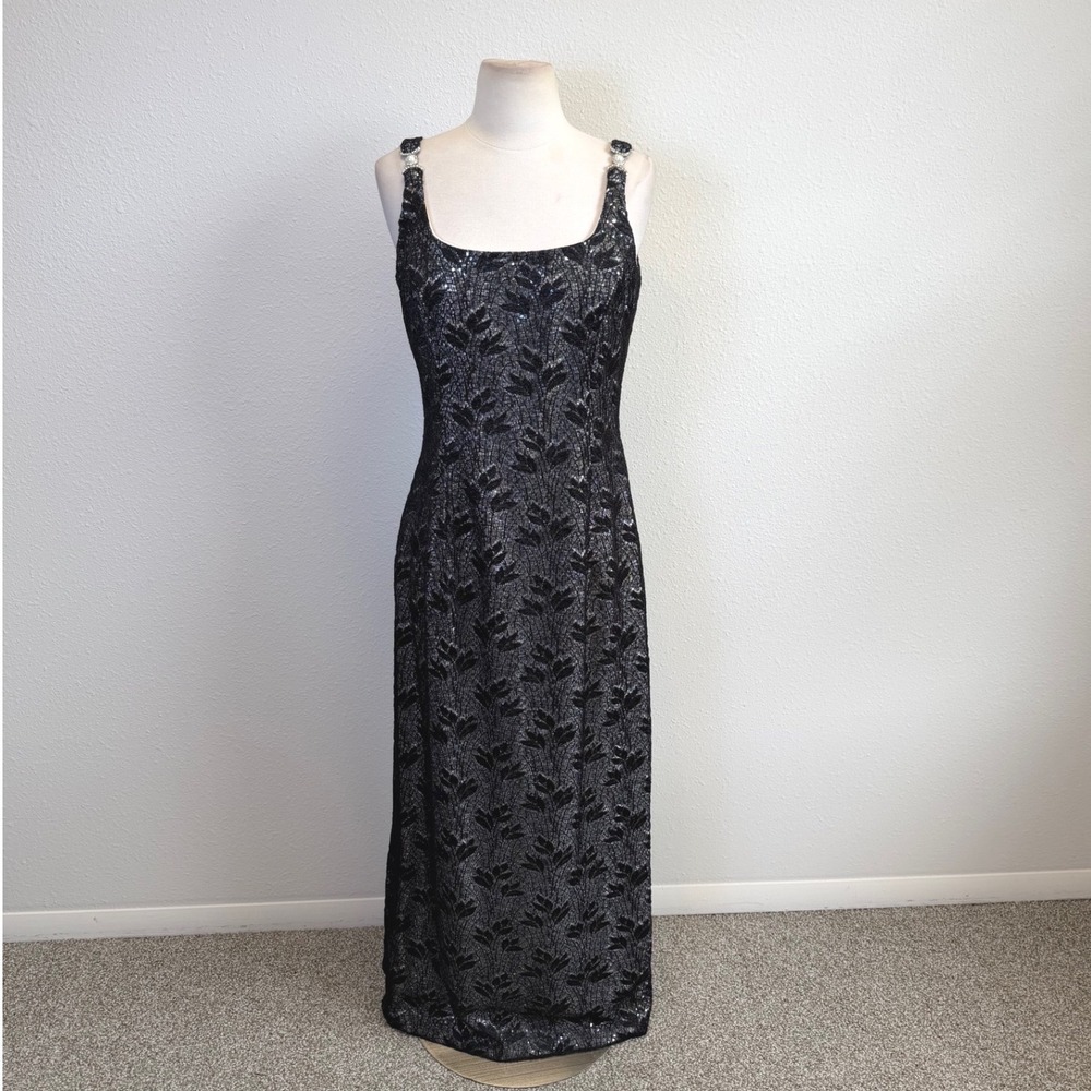 Vtg Black And Silver Sequin Shimmer Formal Dress Womens Medium Whimsygoth 90's